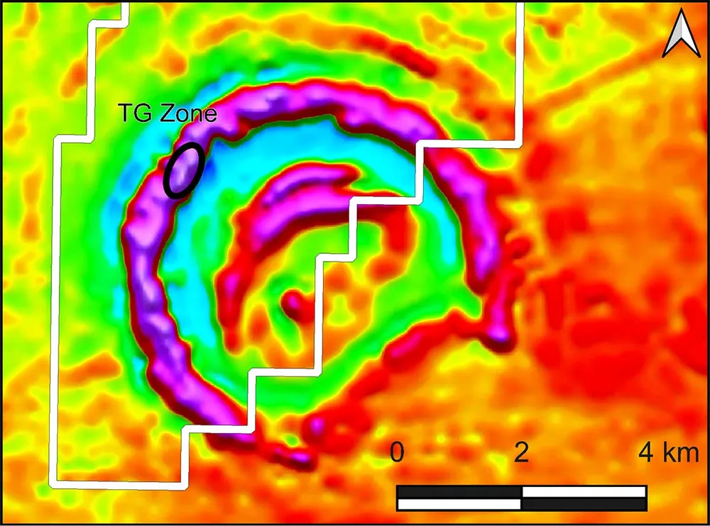 Aeromagnetic signature of Scandium Canada's Crater Lake property, shown as a regional analogue.