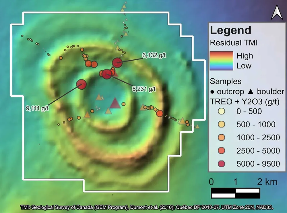 Historical rock grab sample locations and TREO values over the aeromagnetic anomaly.