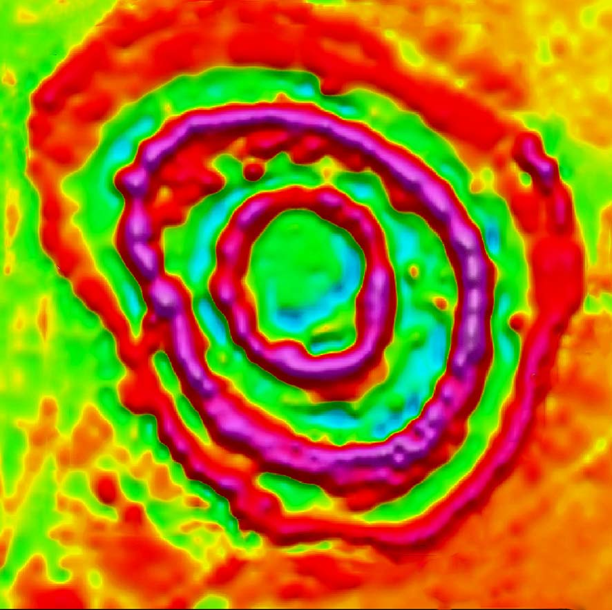 Aeromagnetic image of the Michikamats Intrusion showing a large circular magnetic feature.