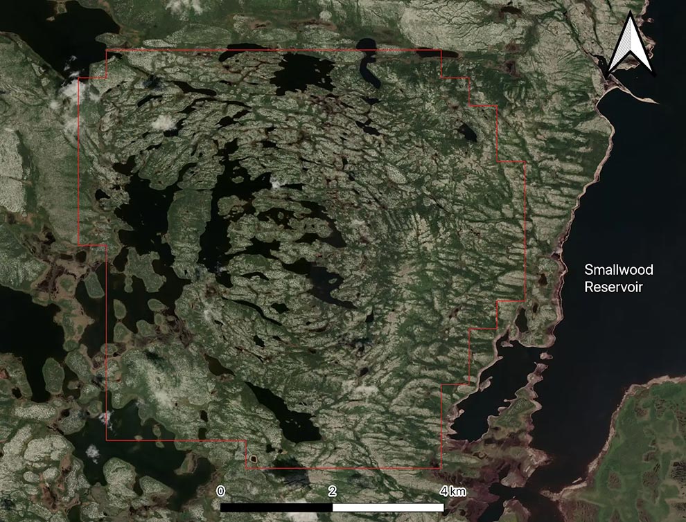 Satellite view of the Eagle's Nest Critical Metals Project with claim boundary.